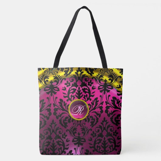 ART NOUVEAU ROZE ZWART GOUD DAMASK MONOGRAM TOTE BAG (Voorkant)