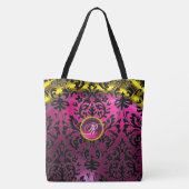ART NOUVEAU ROZE ZWART GOUD DAMASK MONOGRAM TOTE BAG (Achterkant)