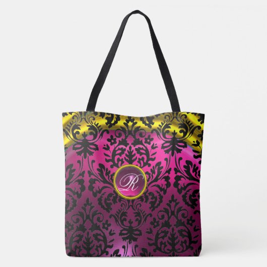 ART NOUVEAU ROZE ZWART GOUD DAMASK MONOGRAM TOTE BAG (Achterkant)