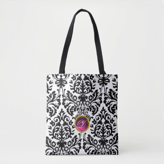 ART NOUVEAU ROZE ZWART WIT DAMAST ROZE MONOGRAM TOTE BAG (Voorkant)