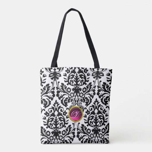 ART NOUVEAU ROZE ZWART WIT DAMAST ROZE MONOGRAM TOTE BAG (Achterkant)