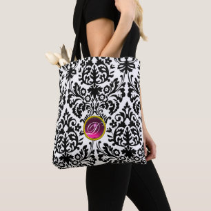 ART NOUVEAU ROZE ZWART WIT DAMAST ROZE MONOGRAM TOTE BAG