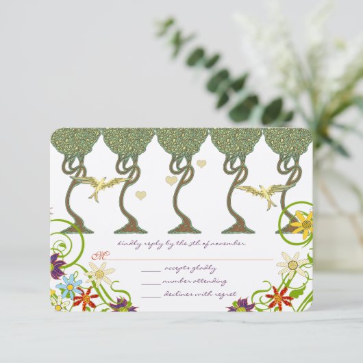 Art Nouveau Rustic Forest Wedding Invites RSVP Kaartje (Staand voorkant)