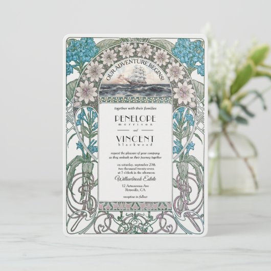 Art Nouveau Sail Away Huwelijksuitnodiging Kaart (Staand voorkant)