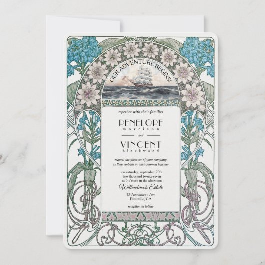 Art Nouveau Sail Away Huwelijksuitnodiging Kaart (Voorkant)