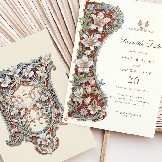 Art Nouveau Save the Date Kaart Witte Lelies