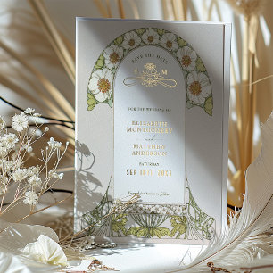 Art Nouveau Save the Date Trouwkaart Goud Folie Uitnodiging