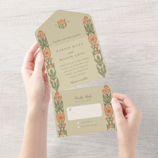 Art Nouveau Scheur-weg RSVP All In One Uitnodiging (Afscheurbaar)