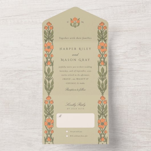 Art Nouveau Scheur-weg RSVP All In One Uitnodiging (Binnen)