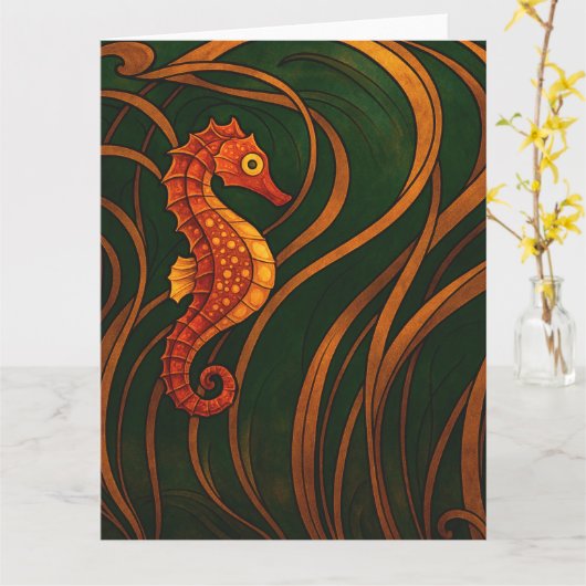 Art Nouveau Seahorse  Kaart (Gele Bloem)