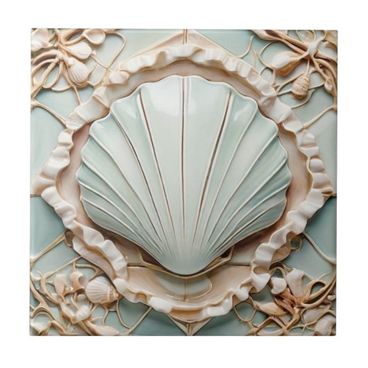 Art Nouveau Seashell Faux Relief Mint Clam Shell Tegeltje (Voorkant)