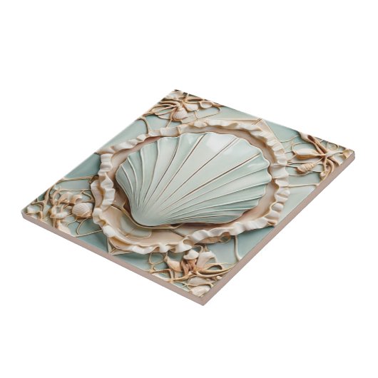 Art Nouveau Seashell Faux Relief Mint Clam Shell Tegeltje (Zijkant)