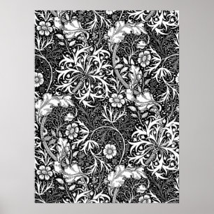 Art Nouveau Seaweed Floral, Black en White Poster