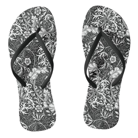Art Nouveau Seaweed Floral, Black en White Teenslippers (Voetbed)