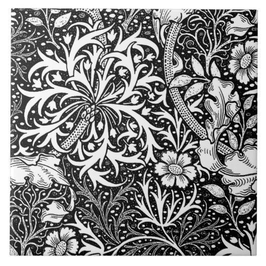 Art Nouveau Seaweed Floral, Black en White Tegeltje (Voorkant)