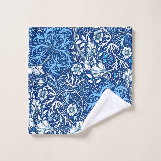 Art Nouveau Seaweed Floral, Cobalt Blue en White Bad Handdoek (Wasdoekje)