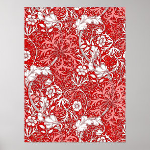 Art Nouveau Seaweed Floral, Coral Red en White Poster