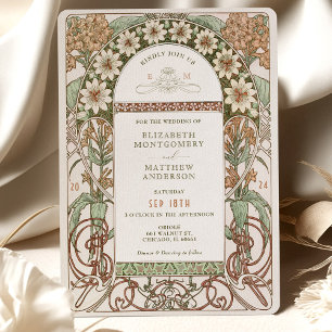 Art Nouveau Sepia & Cream Bloemen Bruiloft Kaart