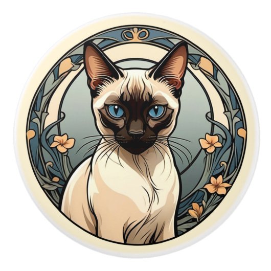 Art Nouveau Siamese Cat Keramische Knop (Voorkant)