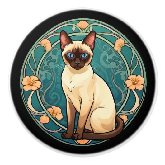 Art Nouveau Siamese Kat Keramische Knop (Voorkant)