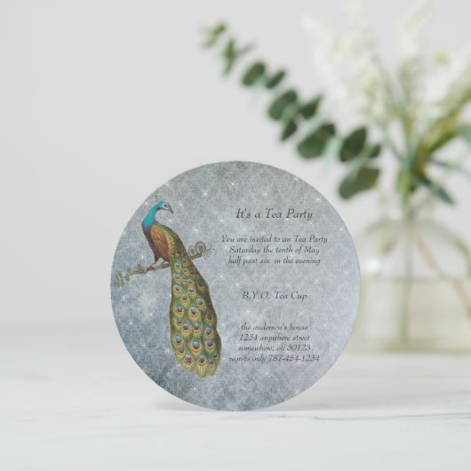 Art Nouveau Silver Metallic Peacock Tea Kaart (Staand voorkant)