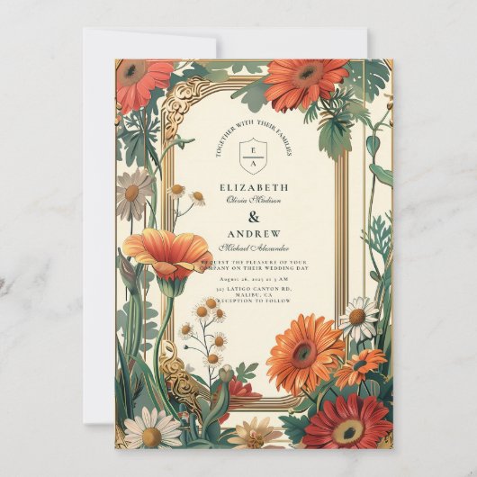 Art Nouveau Sinaasappel Bloemen Huwelijk Kaart (Voorkant)