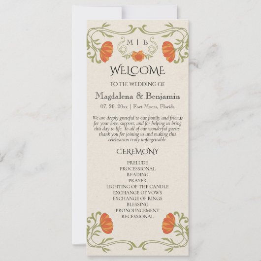Art Nouveau Sinaasappel Bloemen Trouwprogramma (Voorkant)