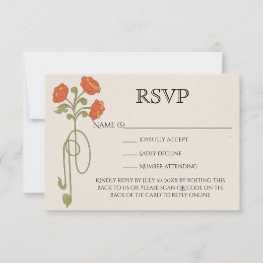  Art Nouveau Sinaasappel Groene Bloemen QR-code RSVP Kaartje (Voorkant)