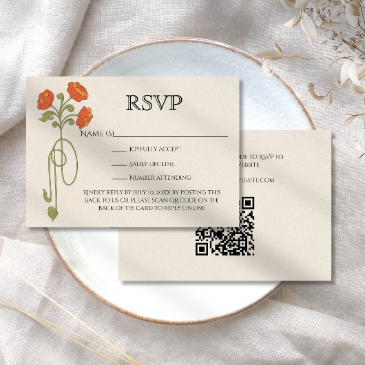 Art Nouveau Sinaasappel Groene Bloemen QR-code RSVP Kaartje