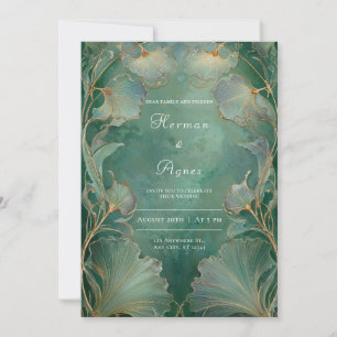 Art Nouveau Smaragdgroene Gouden Ginkgo Blad Trouw Kaart