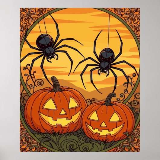 Art Nouveau Spinnen in een Jack op Lantern Field Poster (Voorkant)