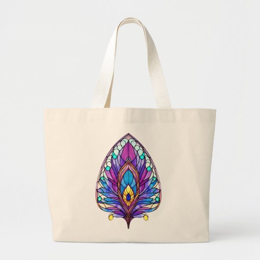 Art Nouveau Stijl Glas in lood Peacock Veer Grote Tote Bag (Voorkant)