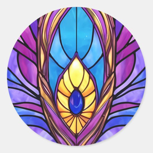 Art Nouveau Stijl Glas in lood Peacock Veer Ronde Sticker (Voorkant)