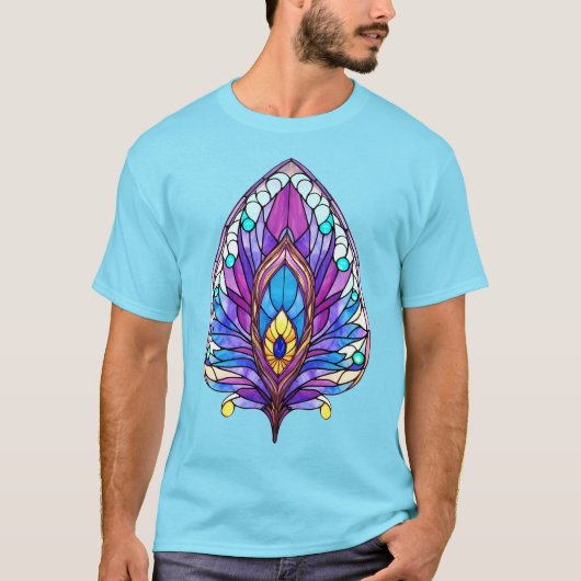 Art Nouveau Stijl Glas in lood Peacock Veer T-shirt (Voorkant)