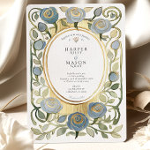 Art Nouveau Stofblauwe & Gouden Rozen Bruiloft Kaart