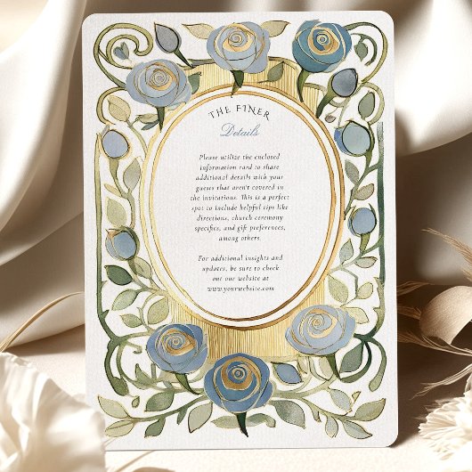 Art Nouveau Stofblauwe & Gouden Rozen Bruiloft Kaart