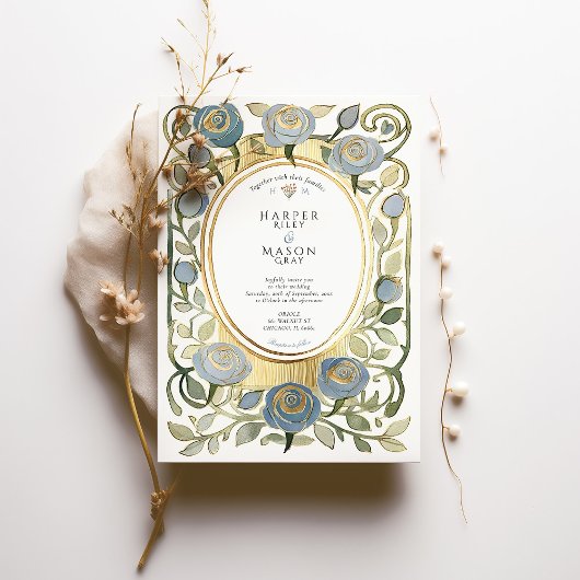 Art Nouveau Stofblauwe & Gouden Rozen Bruiloft Kaart