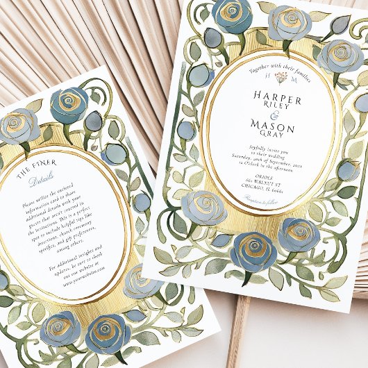 Art Nouveau Stofblauwe & Gouden Rozen Bruiloft Kaart