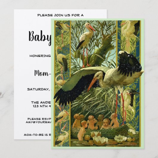 Art Nouveau Storks Baby shower Sjabloon Kaart (Voorkant / Achterkant)