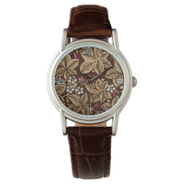 Art Nouveau Strawberries en bladeren, donkerbruin Horloge (Voorkant)
