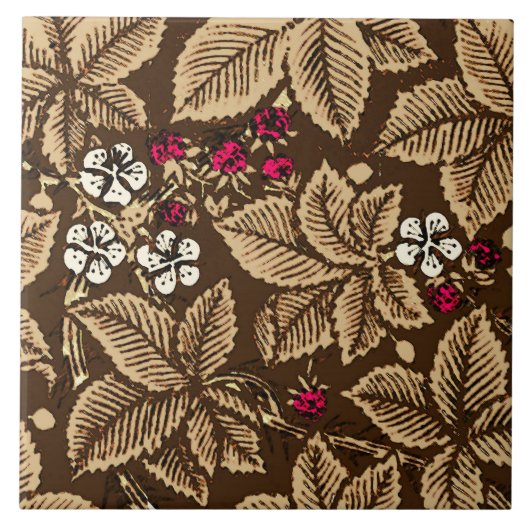 Art Nouveau Strawberries en bladeren, donkerbruin Tegeltje (Voorkant)