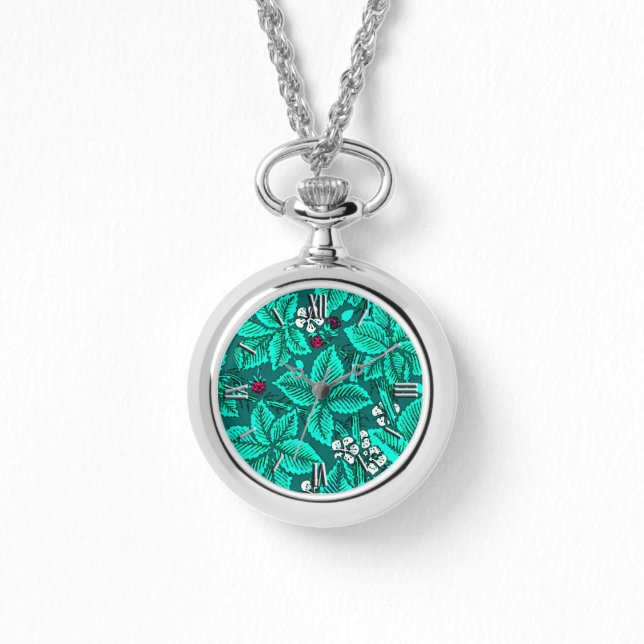 Art Nouveau Strawberries en bladeren, Turquoise Horloge (Voorkant)