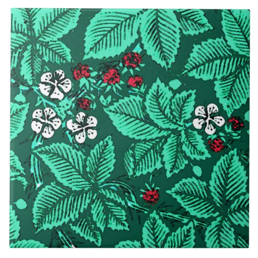 Art Nouveau Strawberries en bladeren, Turquoise Tegeltje (Voorkant)
