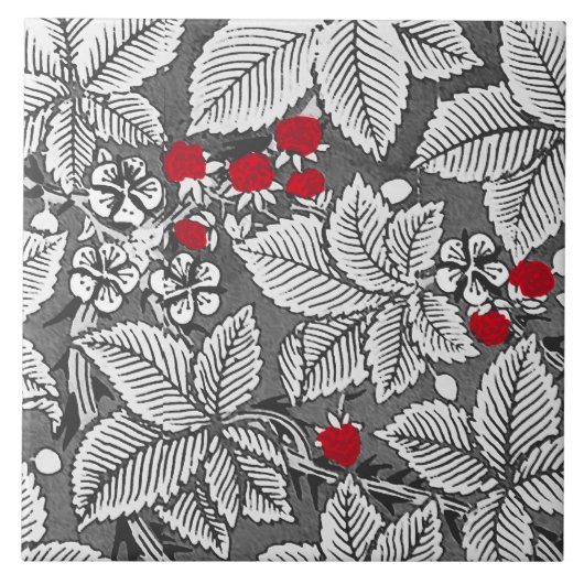 Art Nouveau Strawberries en bladeren, zilvergrijs Tegeltje (Voorkant)