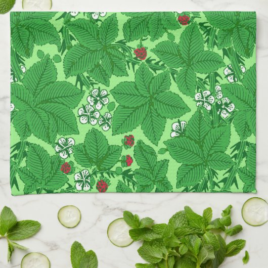 Art Nouveau Strawberries en Leaves, Lime Green Theedoek (Gevouwen)