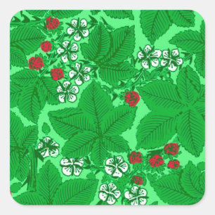 Art Nouveau Strawberries en Leaves, Lime Green Vierkante Sticker