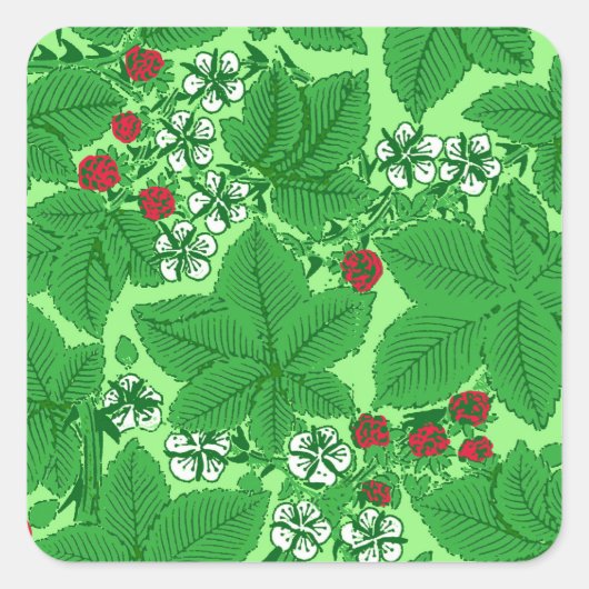 Art Nouveau Strawberries en Leaves, Lime Green Vierkante Sticker (Voorkant)