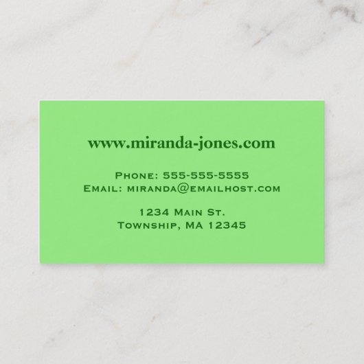 Art Nouveau Strawberries en Leaves, Lime Green Visitekaartje (Achterkant)