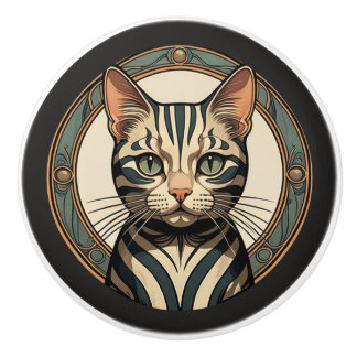 Art Nouveau Striped Cat Keramische Knop