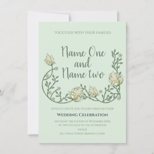 Art nouveau style green floral bruiloft nodigt uit kaart (Voorkant)